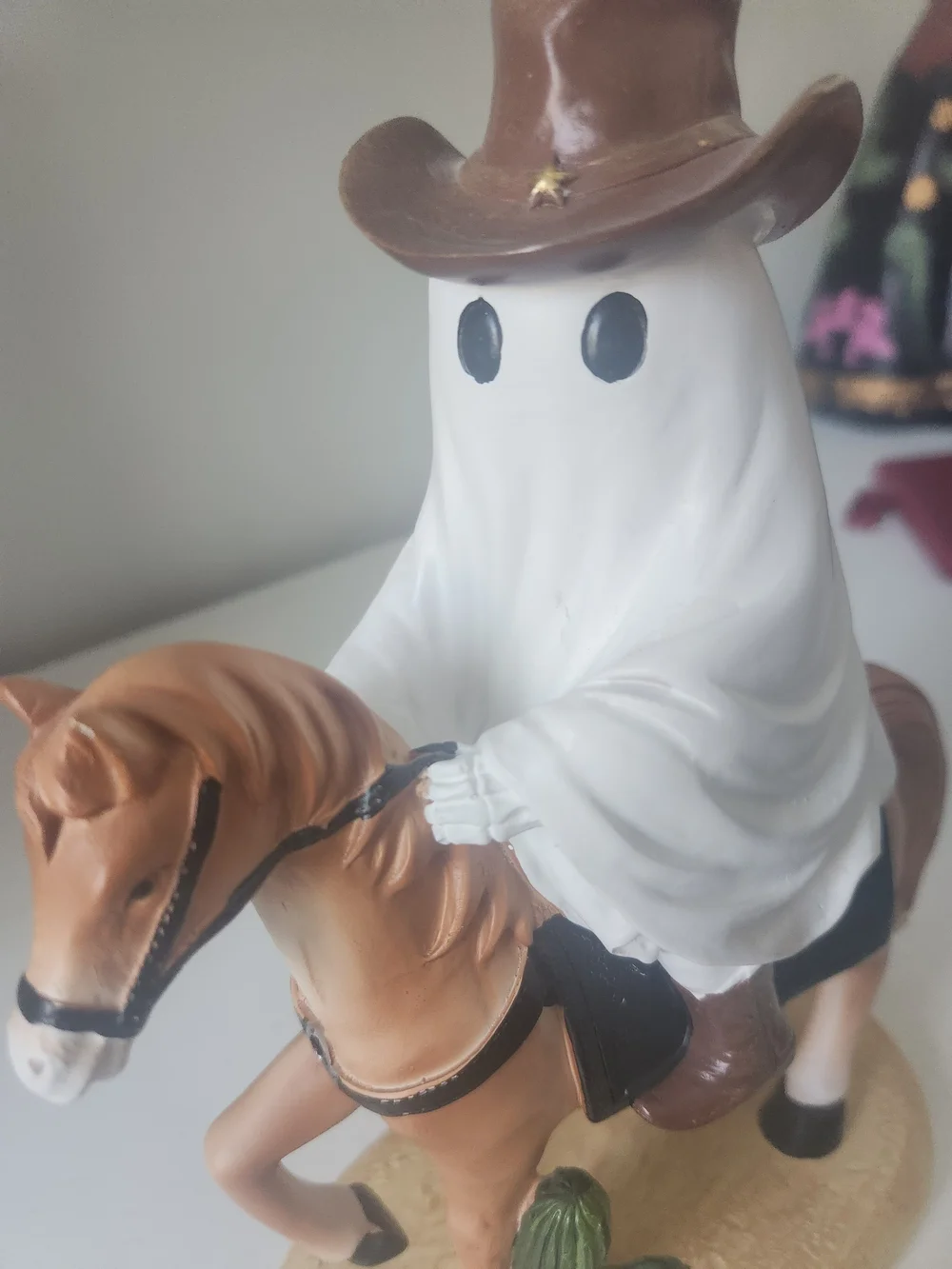 Ghost Cowboy Riding A Horse Figurine - White and Brown Western Decor Resin